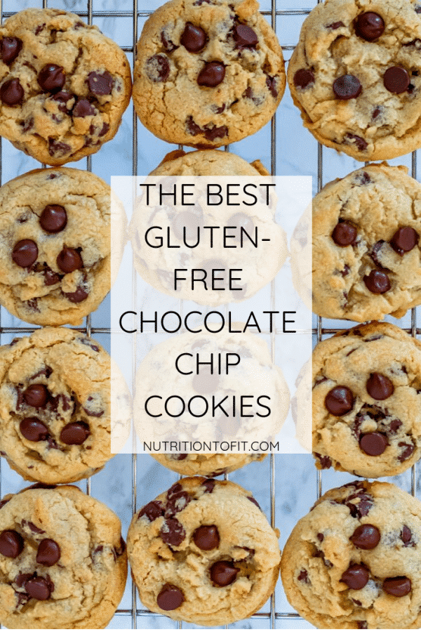 chocolate chip cookies on a wire rack with a faded white box with text that says "The best gluten-free chocolate chip cookies"