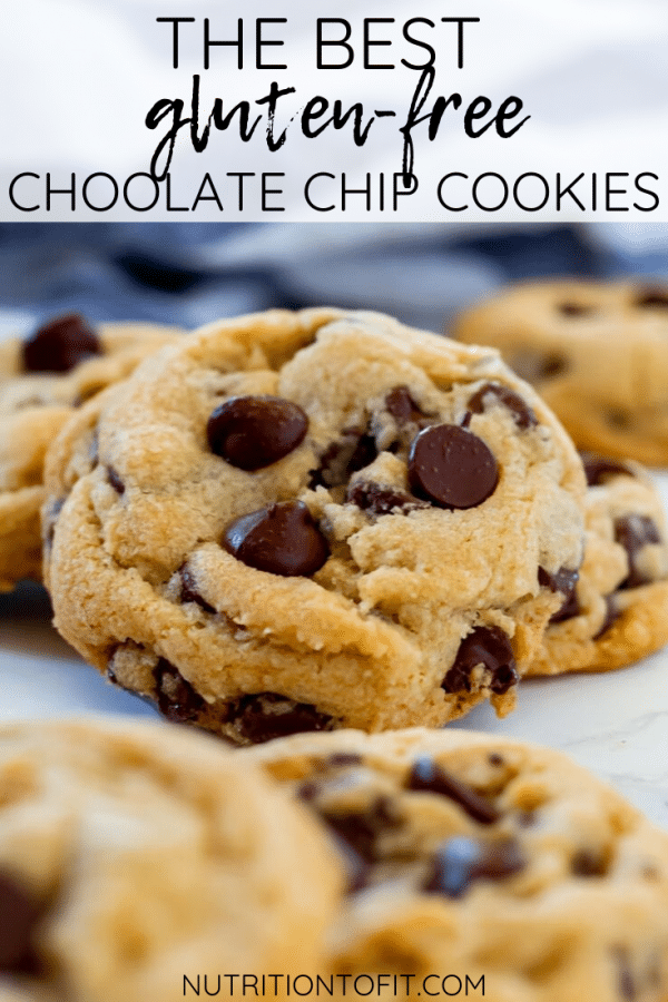 A chocolate chip cookie with text "the best gluten-free chocolate chip cookie"