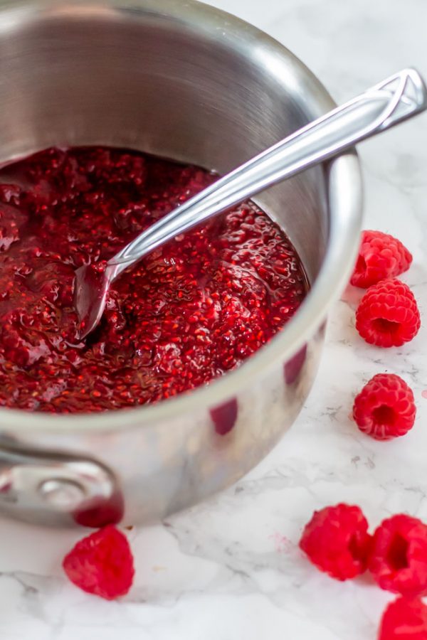 a small stainless steel pot of raspberry chia pudding