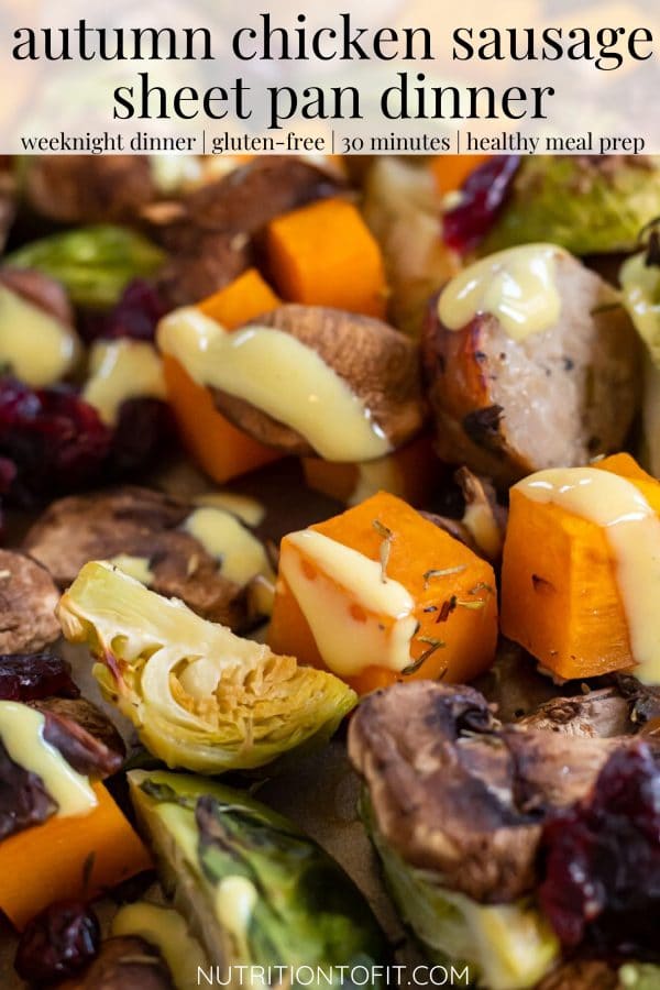 pinterest image for autumn chicken sausage sheet pan dinner