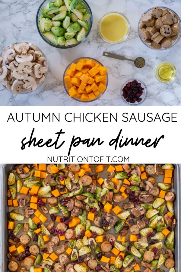 pinterest image for autumn chicken sausage sheet pan dinner