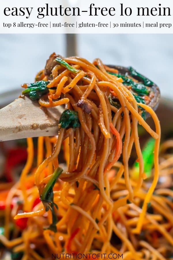 pinterest image of a wooden spoon holding up lo mein.