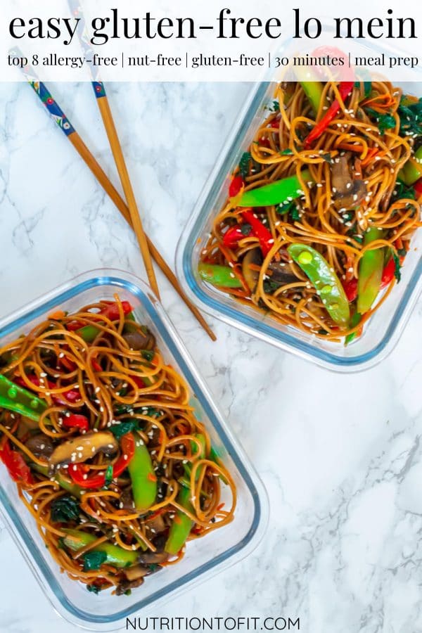 Pinterest image of two meal prep containers of lo mein.