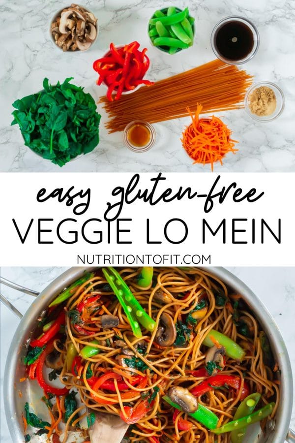 pinterest image of ingredients and finished product for easy, gluten-free veggie lo mein