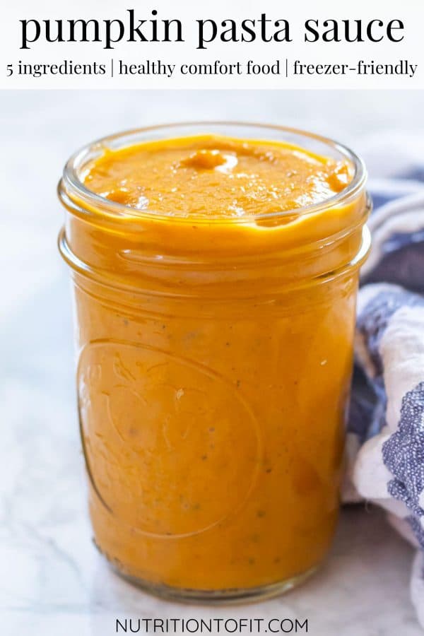 A glass jar of pumpkin pasta sauce with text saying "pumpkin pasta sauce"