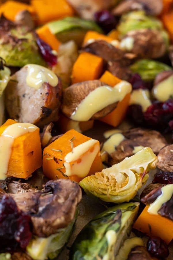 roasted butternut squash, chicken sausage, mushrooms, and brussels sprouts with thyme, cranberries, and drizzled with honey mustard dressing