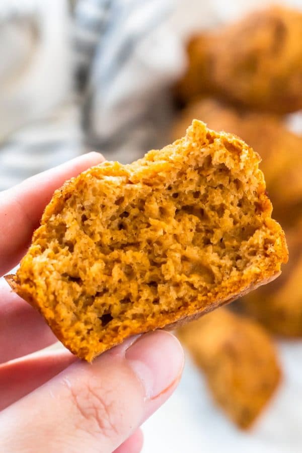 Holding half a pumpkin muffin to show the light, fluffy texture of this easy, gluten free muffin.