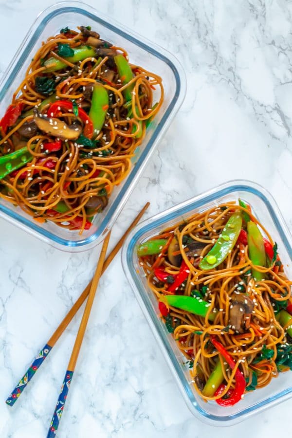 Two glass rectangle containers with lo mein