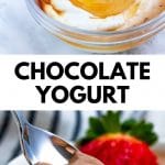 pinterest graphic of a picture of ingredients and a picture of a bowl of chocolate yogurt