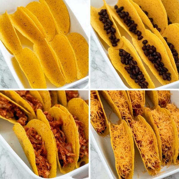 collage depicting layers of baked chicken tacos: taco shell, black beans, seasoned shredded chicken, and cheese