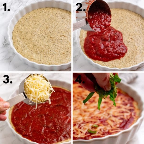 collage depicting the layers and steps to make this hummus-based pizza dip