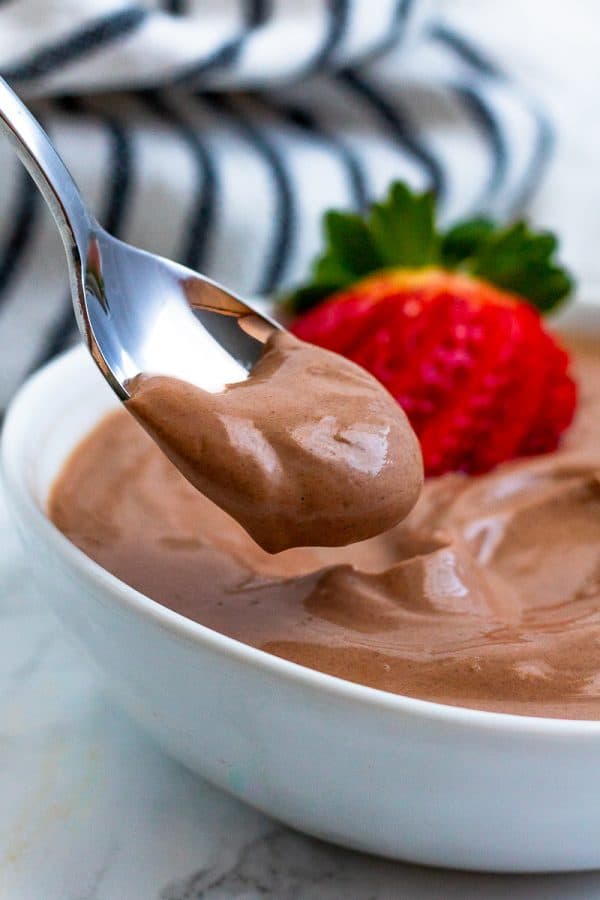 a silver spoon of chocolate yogurt above a white bowl with yogurt