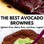 picture of frosted fudgy avocado brownies and the bowl of brownie ingredients with text "the best avocado brownies (gluten-free, dairy-free, nut-free, vegan)"