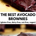 Pictures of frosted avocado brownies with text "The BEST Avocado Brownies (gluten-free, nut-free, dairy-free, vegan)"