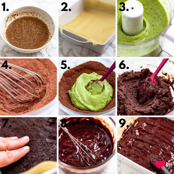 collage depicting pictures of all the recipe steps required to make avocado brownies