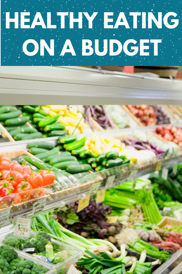 Picture of a produce section at the grocery store with text "healthy eating on a budget"