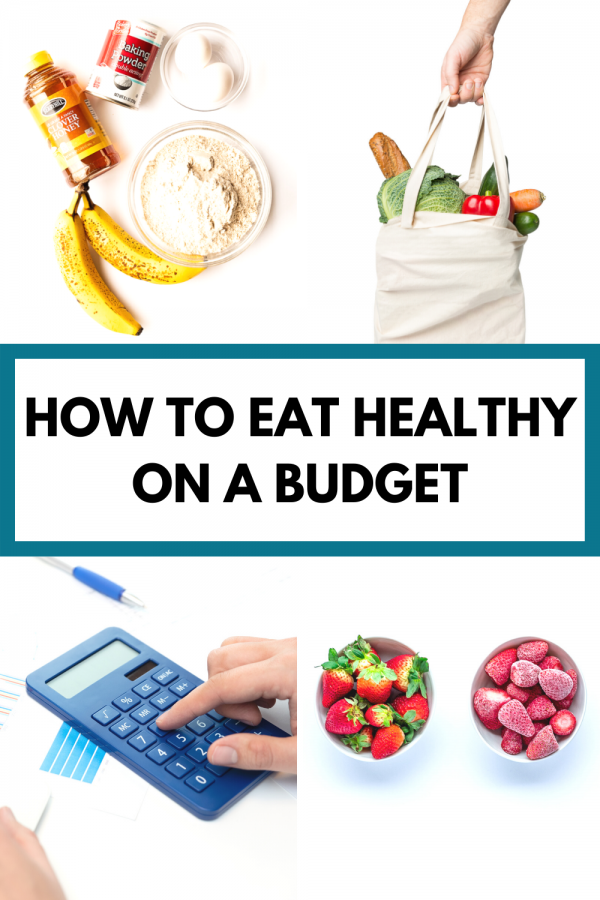 a collage with pictures of affordable foods, a canvas tote of groceries, and a calculator with text, "How to Eat Healthy On a Budget"