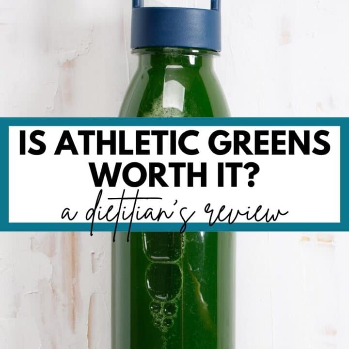a glass water bottle with green juice inside, with a text overlay that reads "Is Athletic Greens worth it? A dietitian's review"
