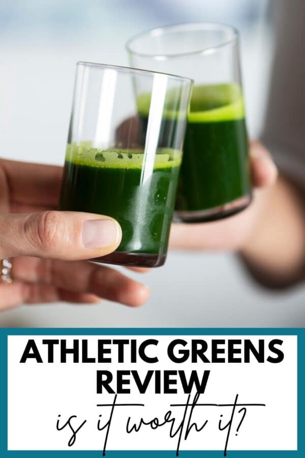 Close up of two small glasses of green juice with text that says "Athletic Greens Review - is it worth it?"