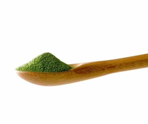 Close up of a wooden spoon with a greens powder supplement on it.