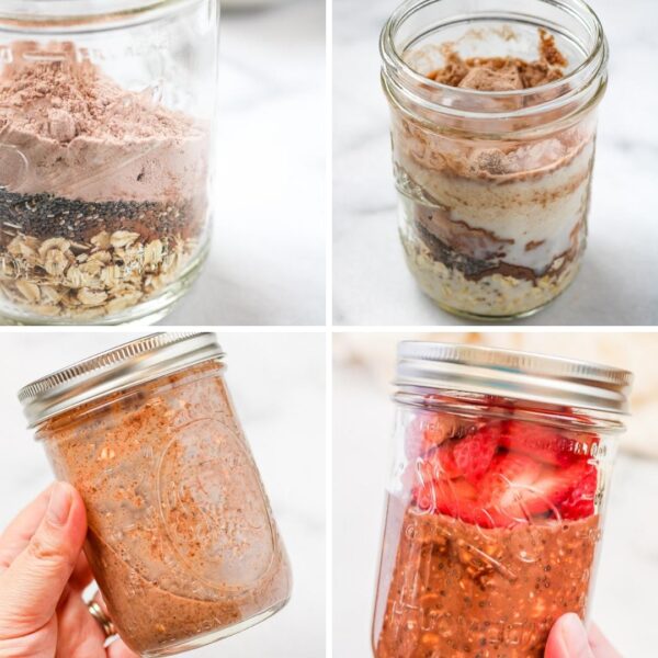 a collage depicting steps of making protein overnight oats: 1. add your dry ingredients, 2. add wet ingredients, 3. shake, 4. refrigerate overnight and enjoy the next morning!