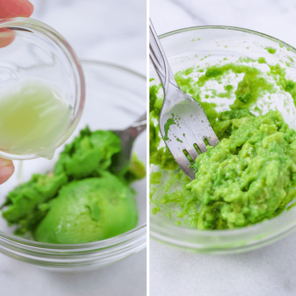A before and after side by side of the easy guacamole made with avocado, lime juice, and salt.