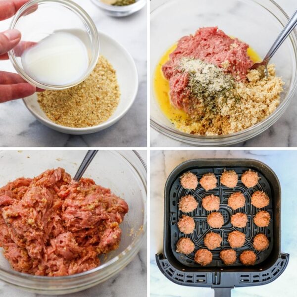 4 process shots depicting how to make turkey meatballs in the air fryer