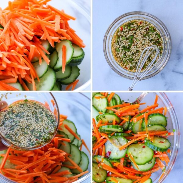 step-by-step process shots for how to make simple cucumber carrot salad