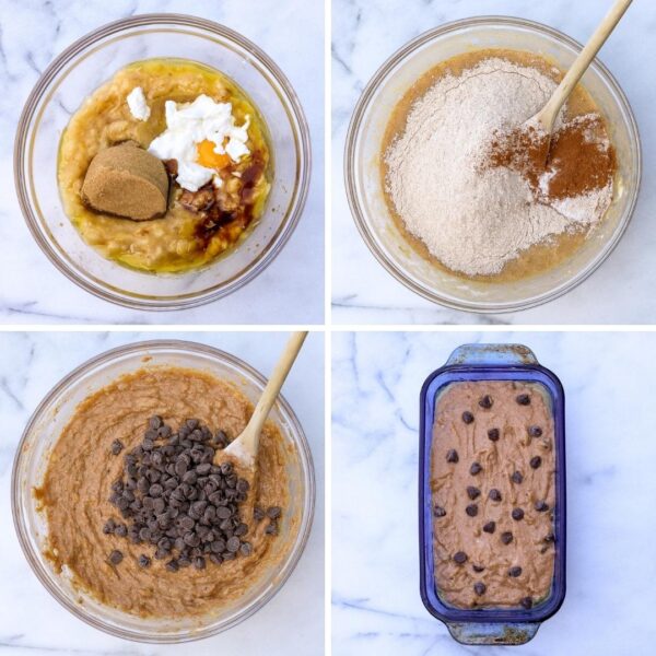 process shots to make healthy banana bread - first combine wet ingredients, then add dry ingredients, then stir in chocolate chips, then place in a baking dish and bake.