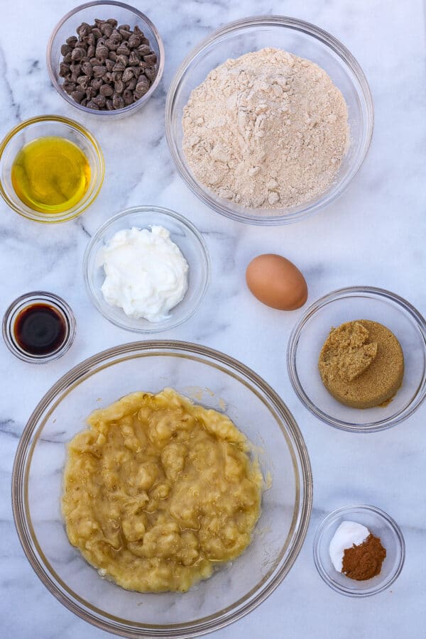 ingredients to make healthy chocolate chip banana bread