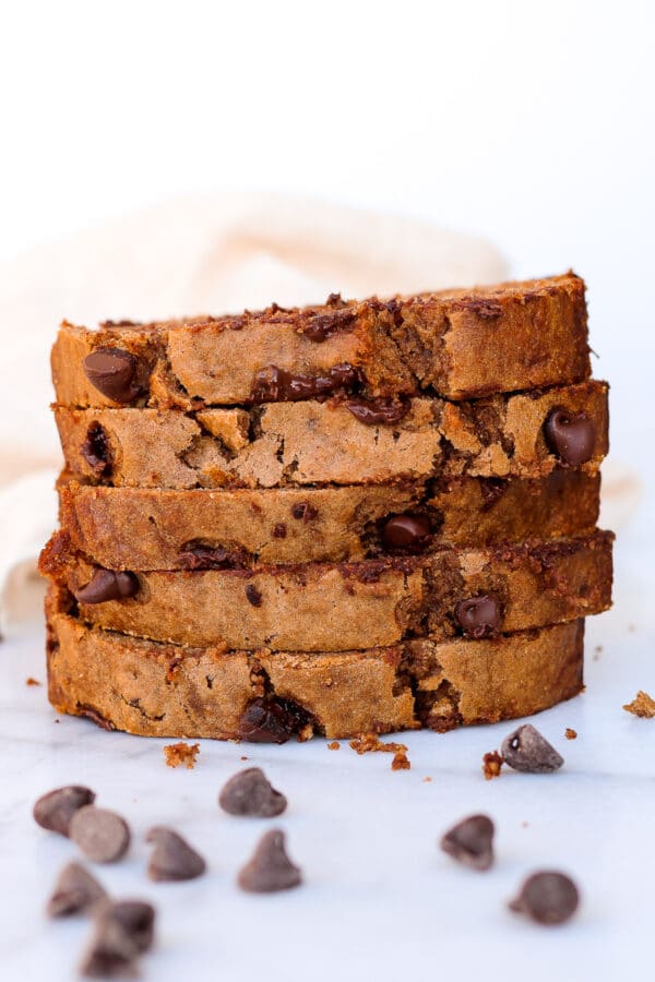 a stack of banana bread slices with chocolate chips