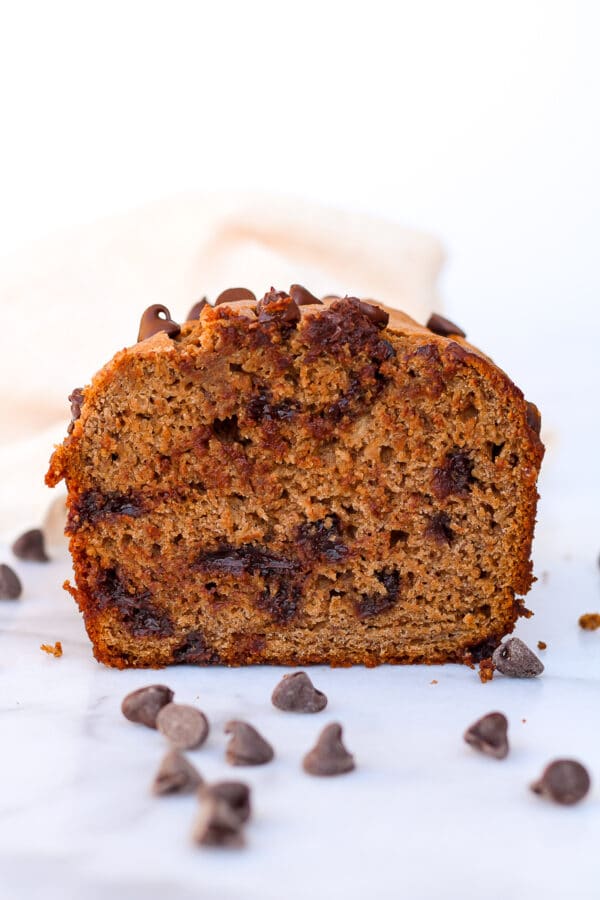 a cross section look at moist and tender chocolate chip banana bread