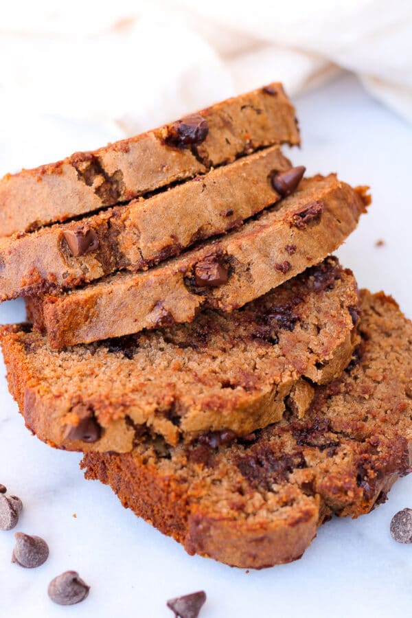 slices of chocolate chip healthy banana bread