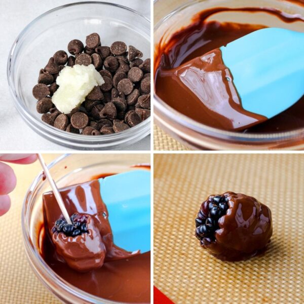 steps depicting how to make chocolate covered blackberreis