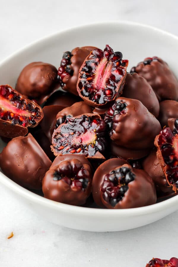 chocolate blackberries in a white bowl