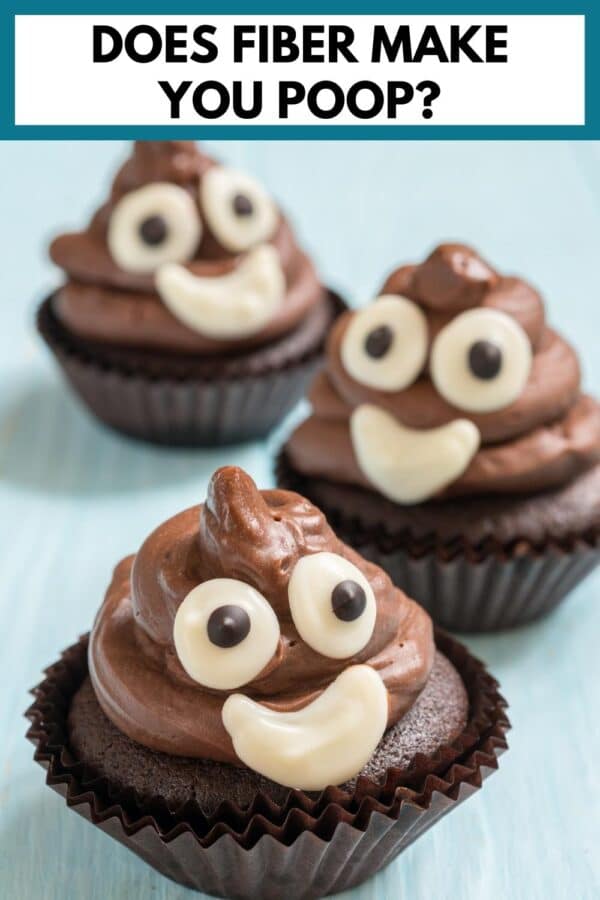 cupcakes with frosting that looks like the poop emoji with text overlay that reads "does fiber make you poop?"