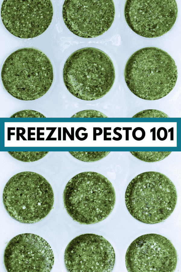 Frozen pesto in a tray with text "freezing pesto 101"