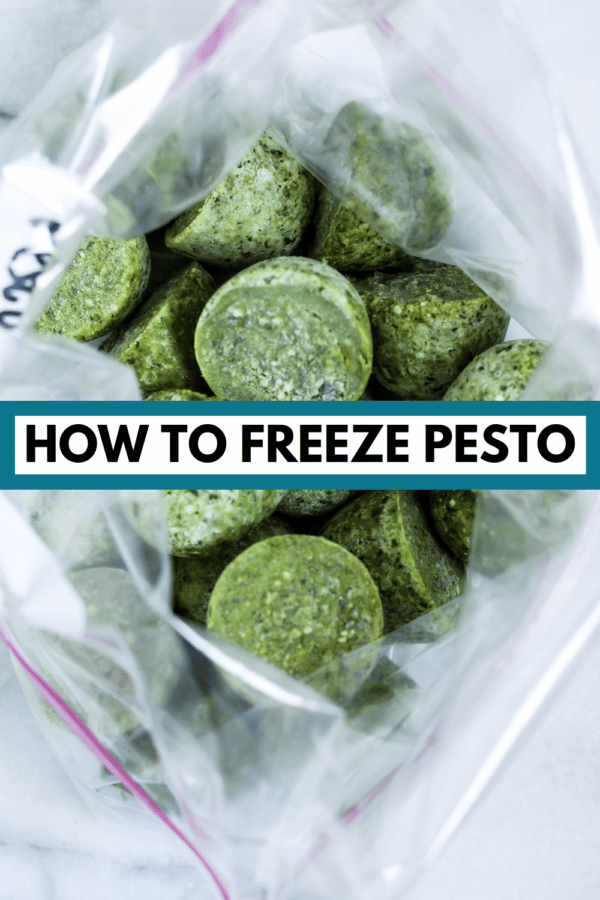 bag of frozen pesto pieces with text "how to freeze pesto"