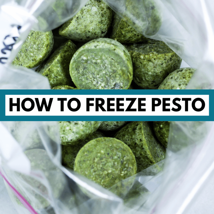bag of frozen pesto pieces with text "how to freeze pesto"