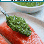 a spoonful of pesto over salmon, making salmon with a pesto crust