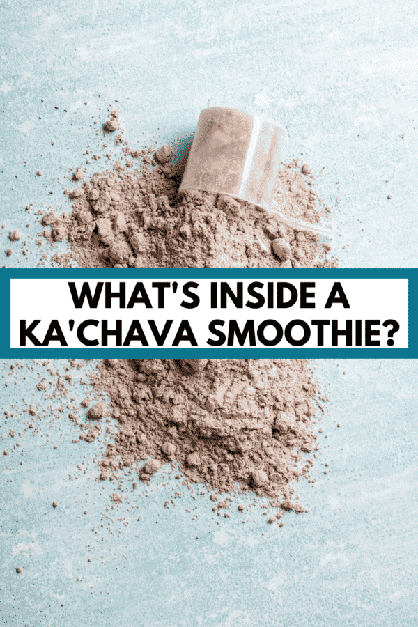 a scoop of chocolate supplement powder spilled everywhere with text asking about ka'chava ingredients
