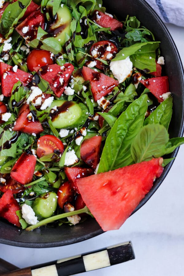 watermelon basil salad with feta and balsamic glaze