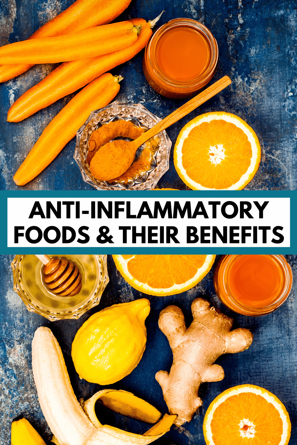 yellow and orange fruits and spices with text overlay, "anti-inflammatory foods list & their benefits"