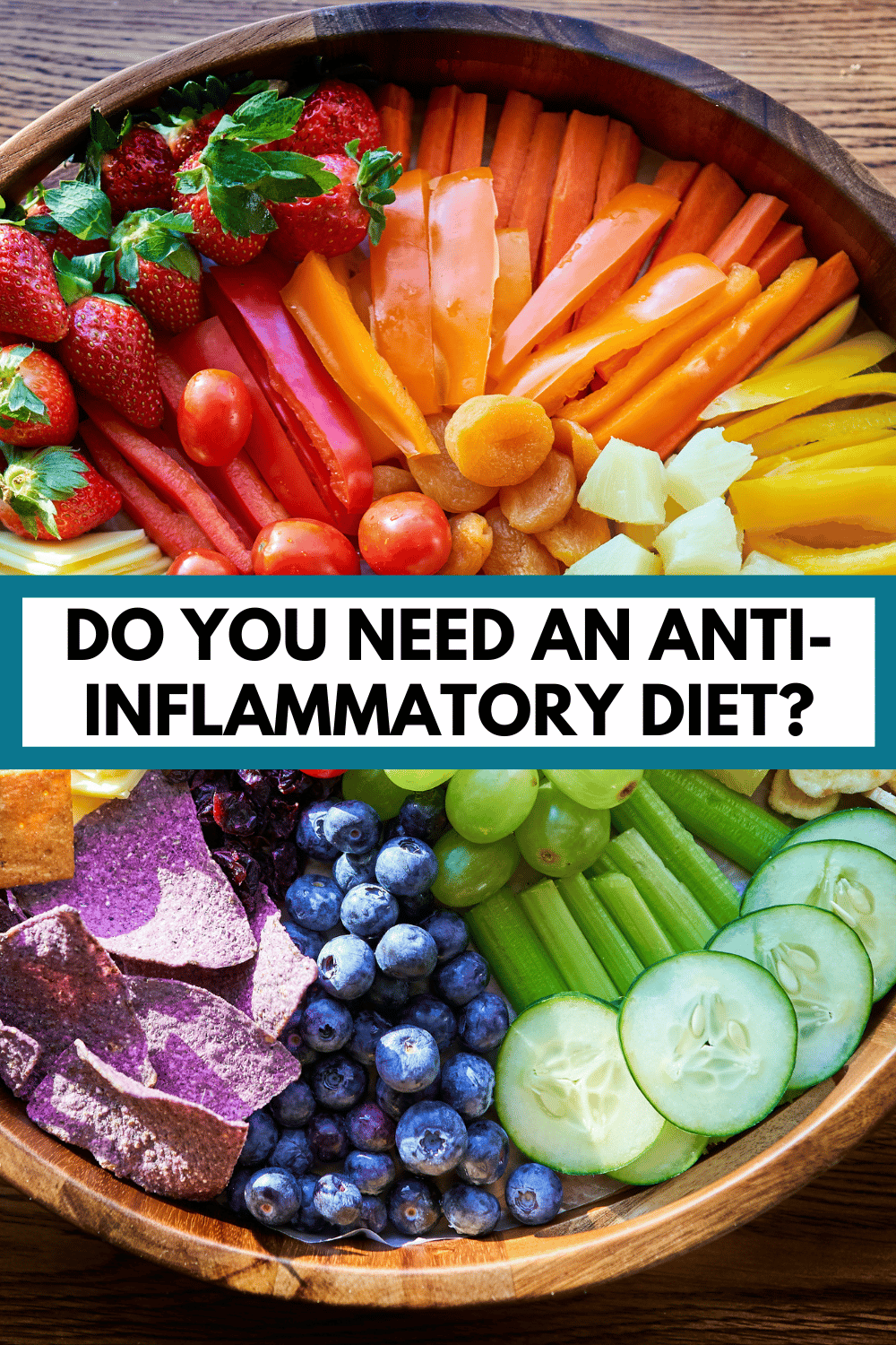 a wooden bowl of rainbow-colored fruits and vegetables with text overlay, "do you need an anti-inflammatory diet?"