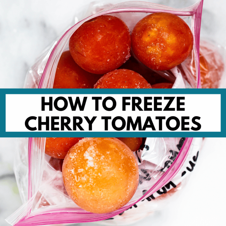 frozen tomatoes in a bag with text: "how to freeze cherry tomatoes"