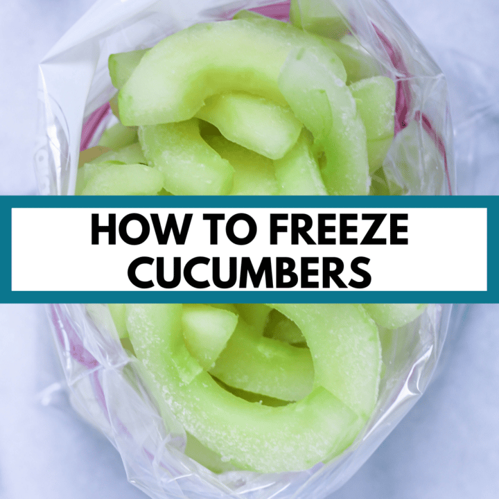 frozen cucumber slices in a bag with text, "how to freeze cucumbers"