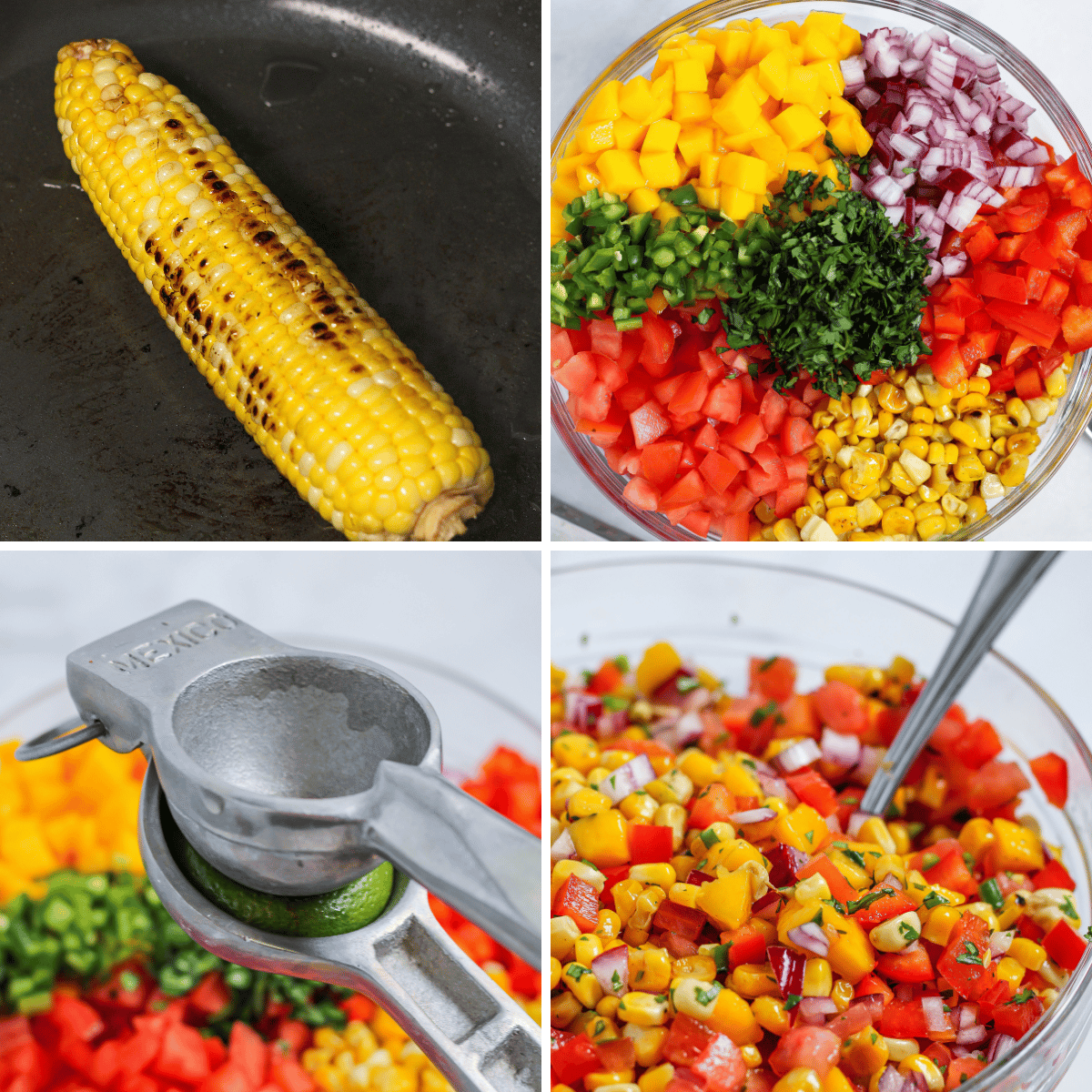 collage showing steps to make mango corn salsa: blister corn, chop veggies, squeeze lime juice, and stir.