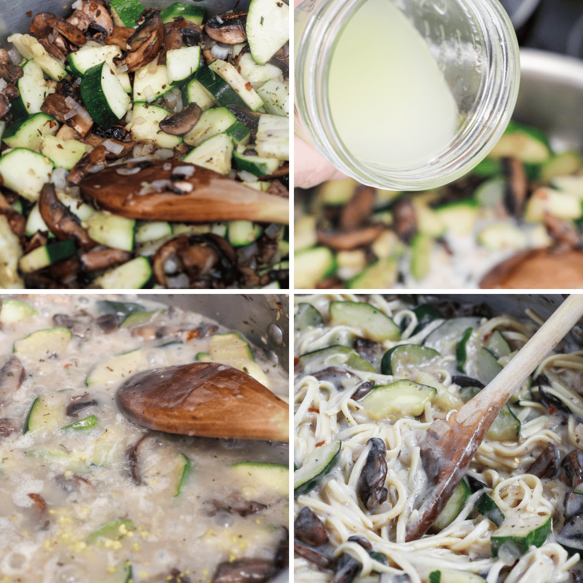 different steps showing how to make mushroom zucchini pasta