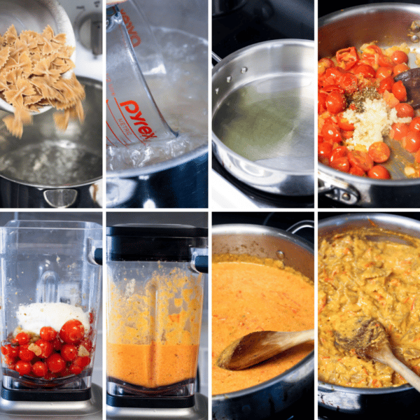 collage depicting the steps to make tomato ricotta pasta