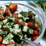 glass bowl of mediterranean cucumber salad